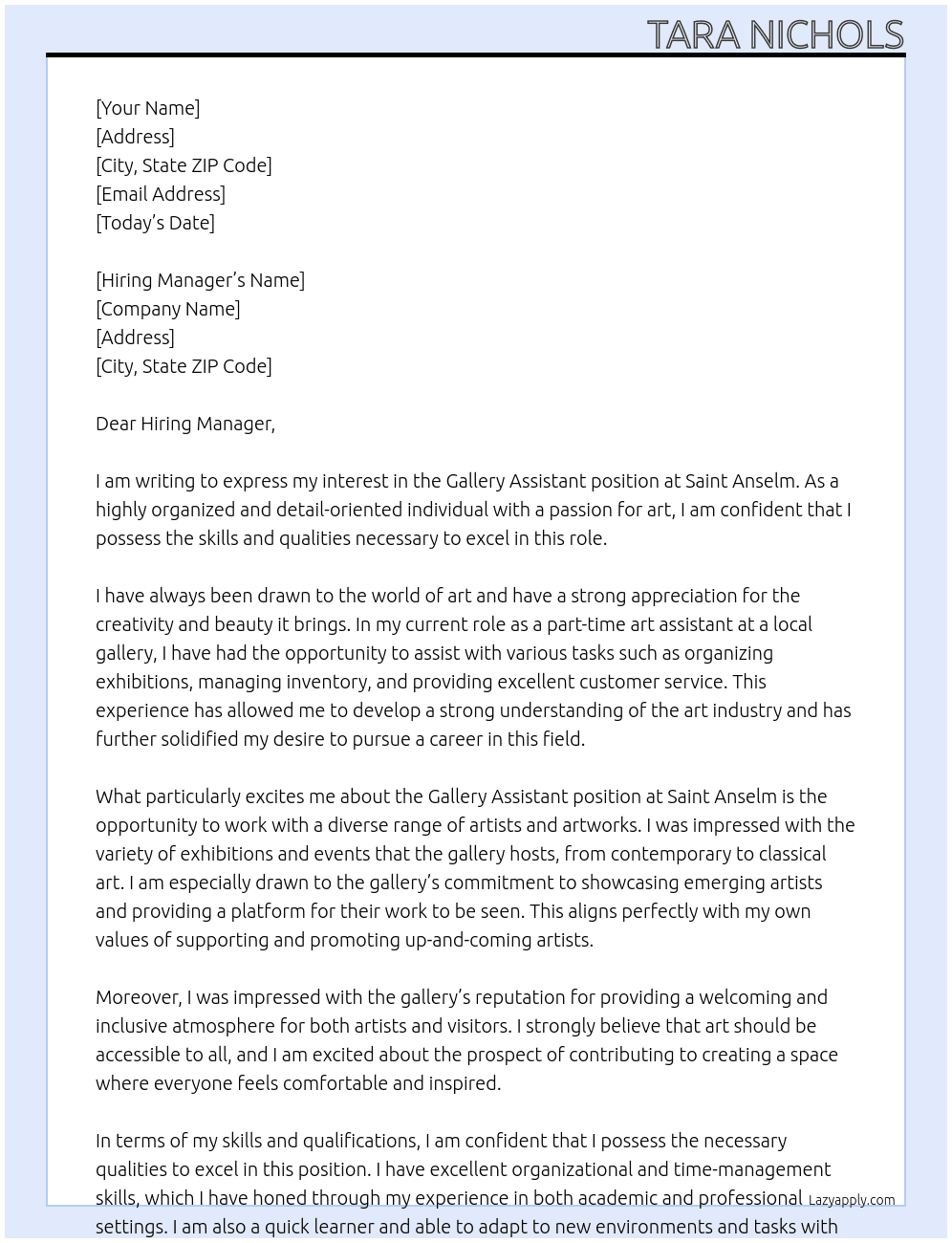Gallery assistant At Saint anselm Cover Letter