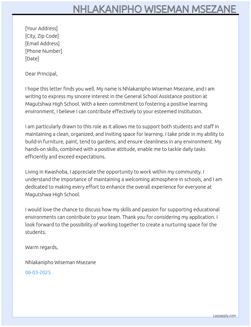 General School Assistance  At Magutshwa High School  Cover Letter