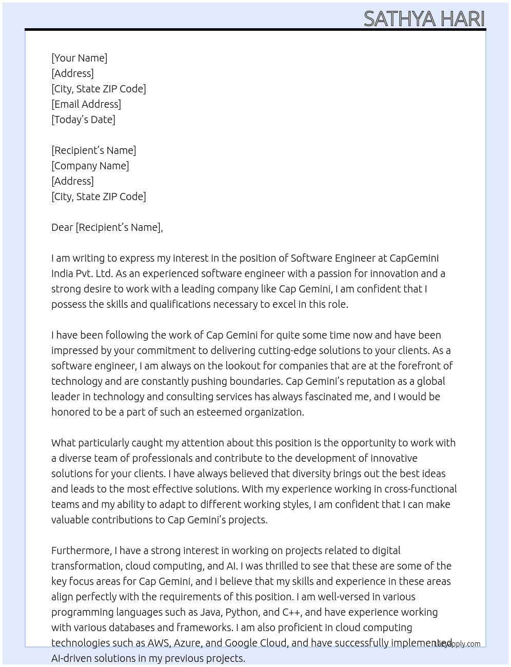 Software Engineer At Cap Gemini Cover Letter