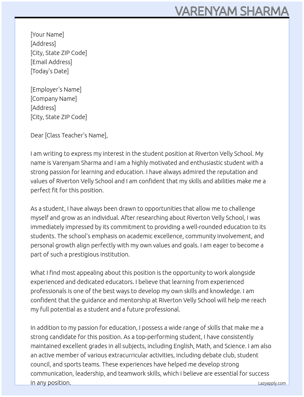 student At Riverton velly school Cover Letter