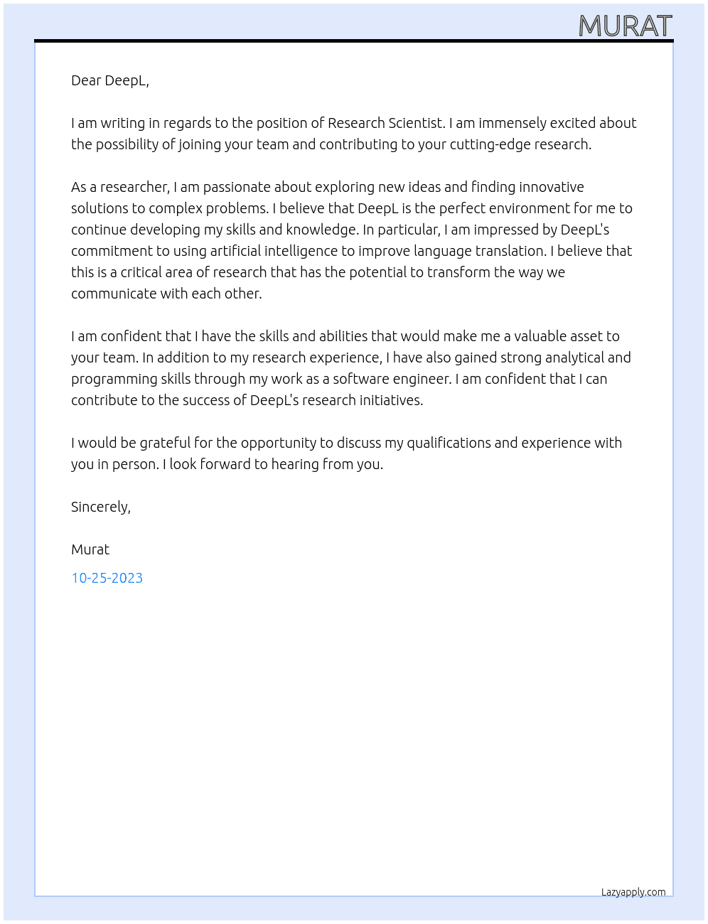 Research Scientist At DeepL Cover Letter