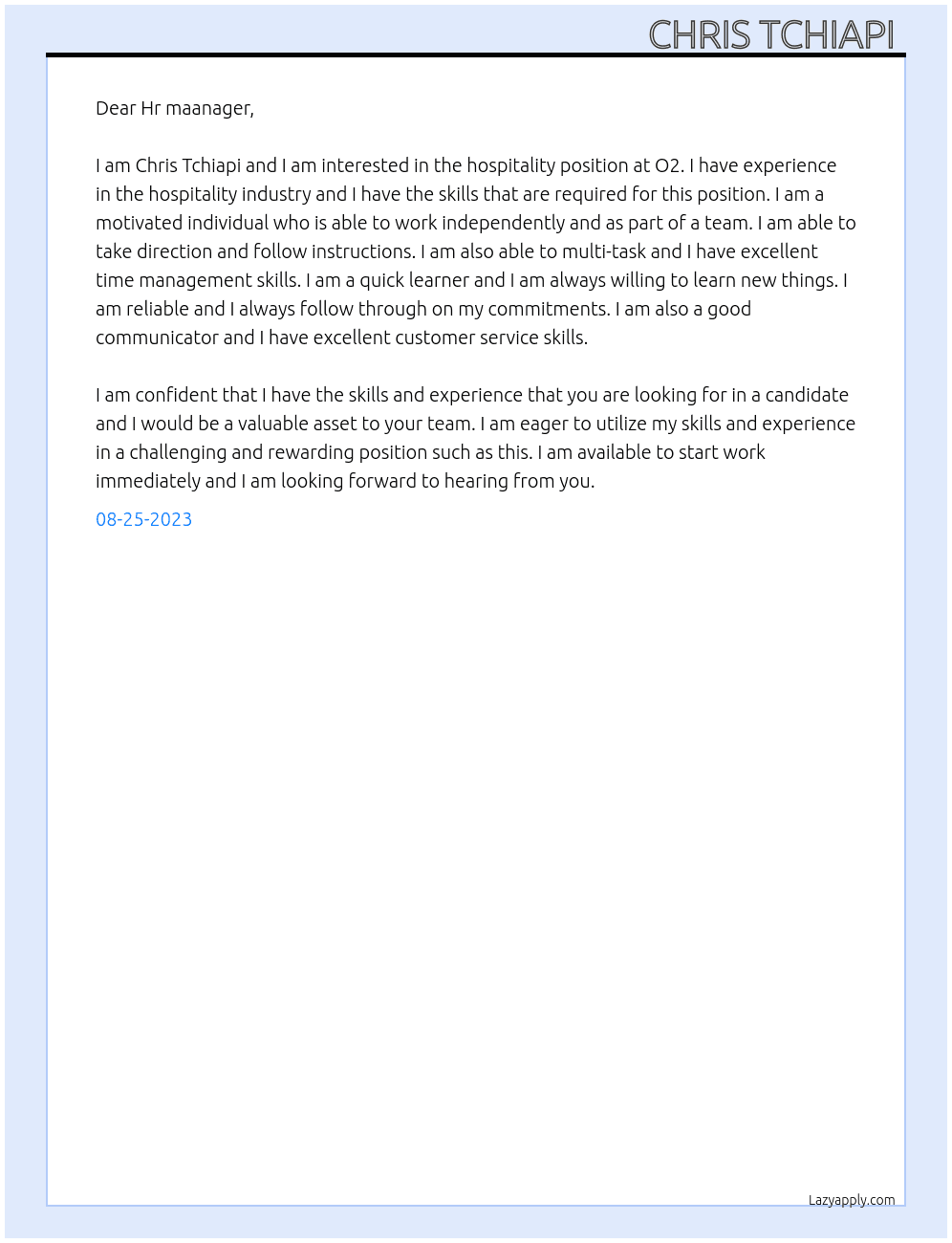 hospitality At O2 Cover Letter