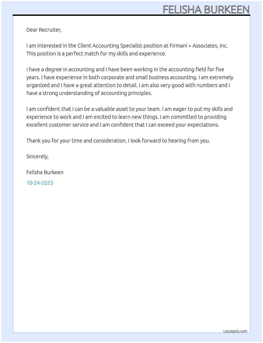 Client Accounting Specialist At Firmani + Associates, Inc.  Cover Letter
