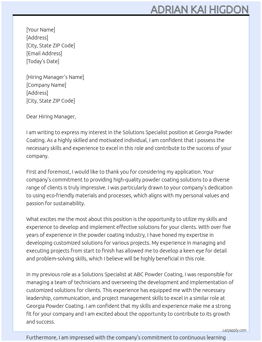 Solutions Specialist At Georgia Powder Coating Cover Letter