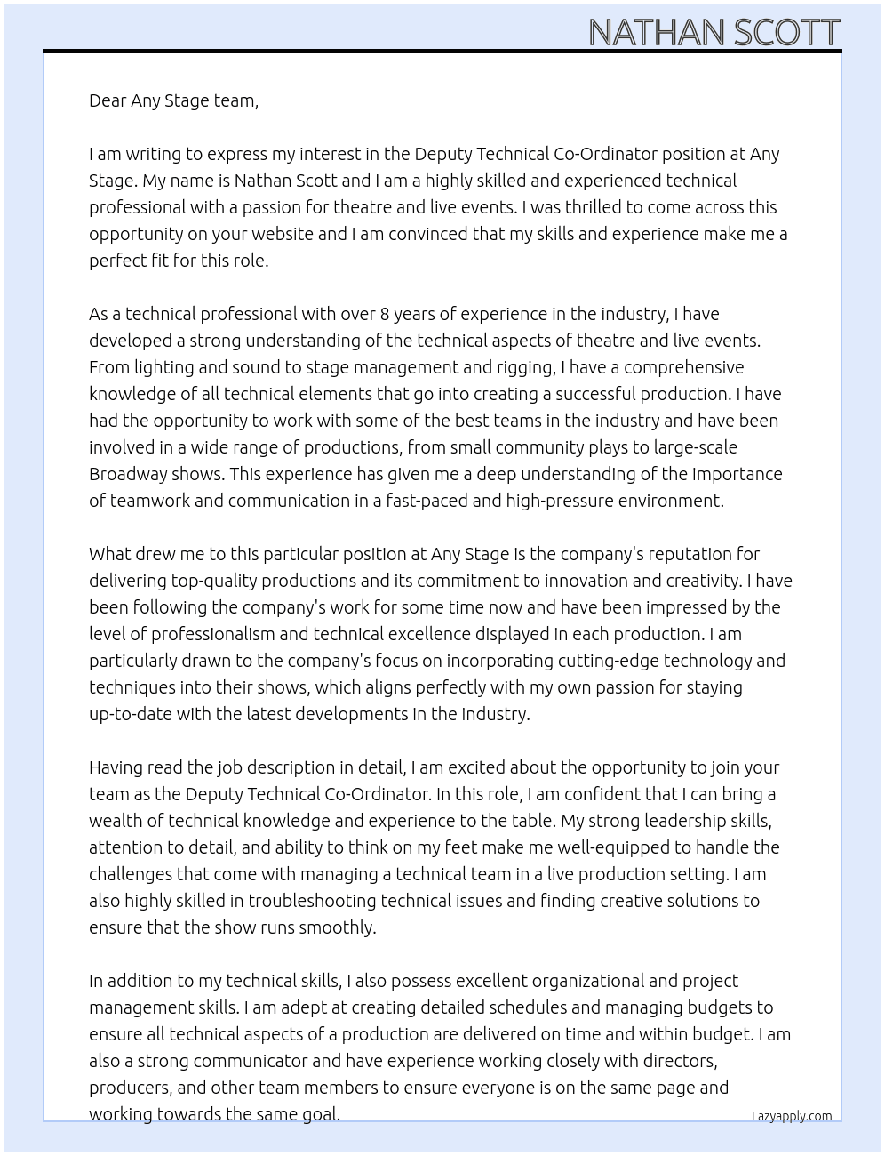 Deputy Technical Co-Ordinator At Any Stage Cover Letter