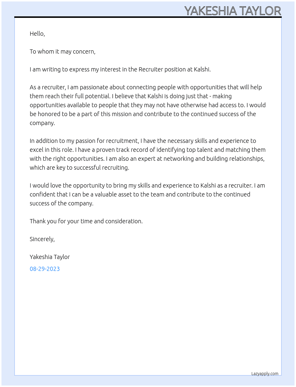 Recruiter  At Kalshi Cover Letter
