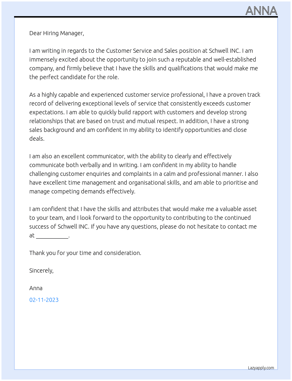 Customer Service and Sales At Schwell INC Cover Letter