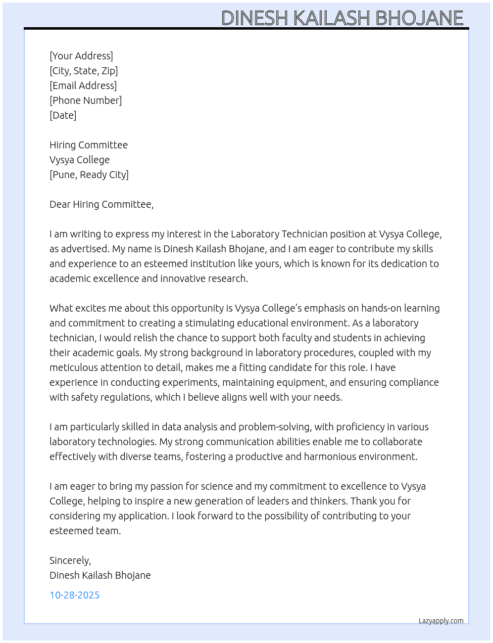 Cover letter for laboratory technician - LazyApply
