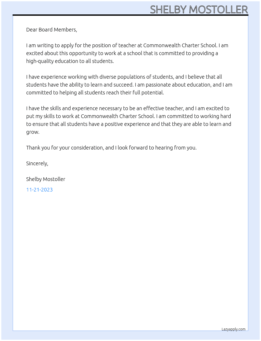 teacher At commonwealth charter school Cover Letter