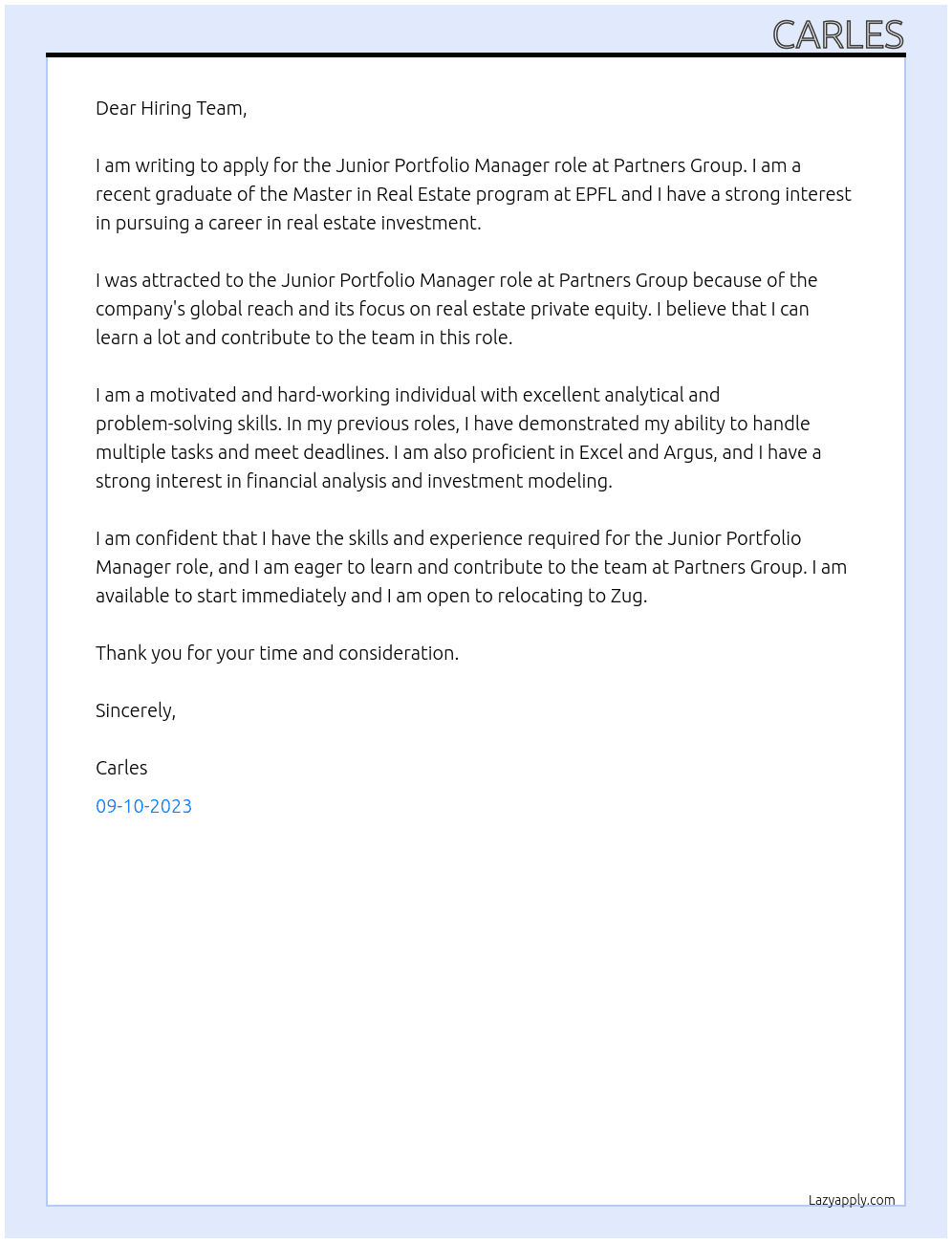 Junior Portfolio Manager, Real Estate At Partners Group Cover Letter