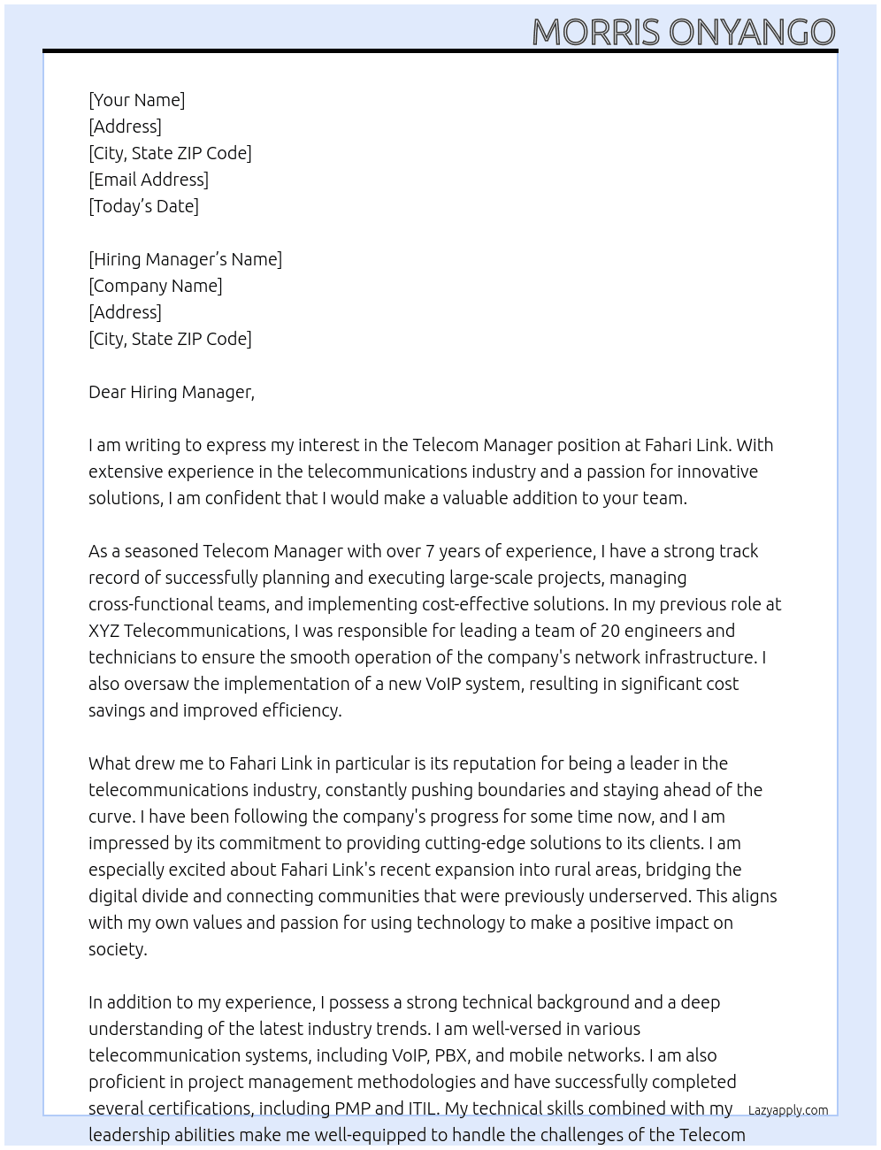 Telecom manager  At Fahari link Cover Letter