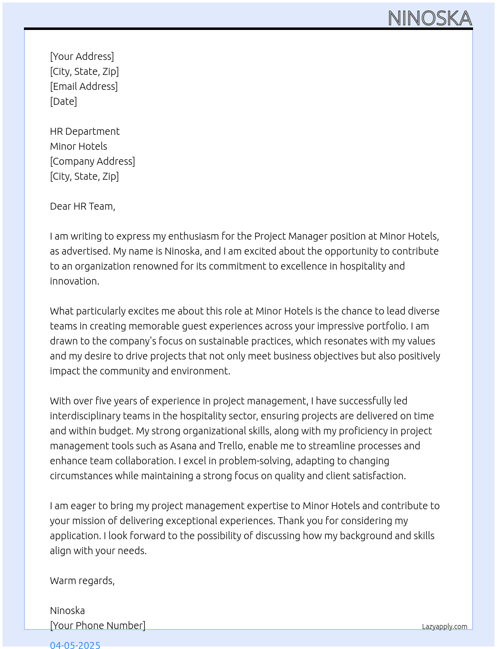 project maanager At minor hotels Cover Letter