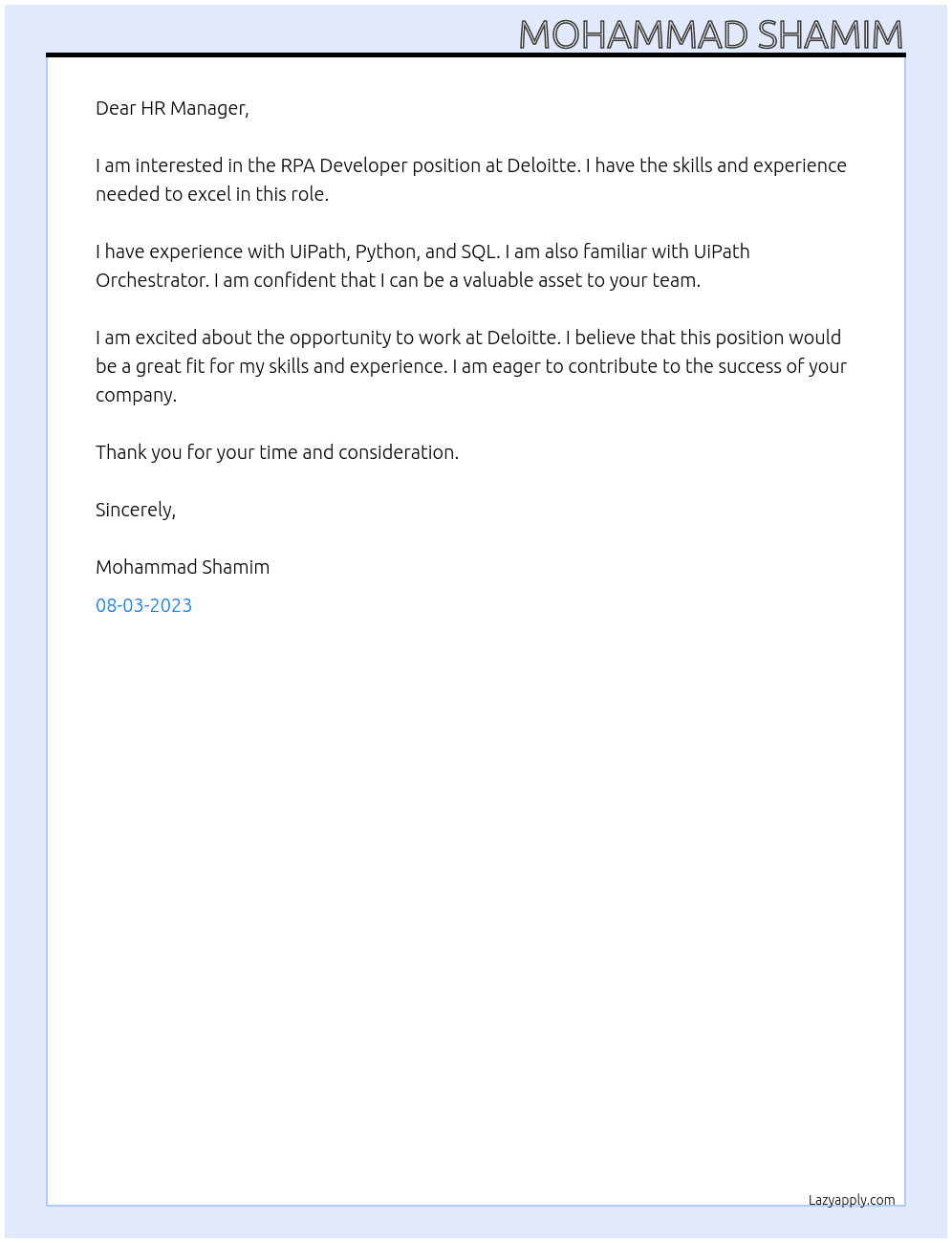 RPA Developer At Deloitte Cover Letter