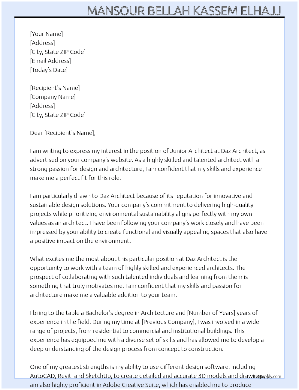 Junior Architect  At Daz Architect  Cover Letter