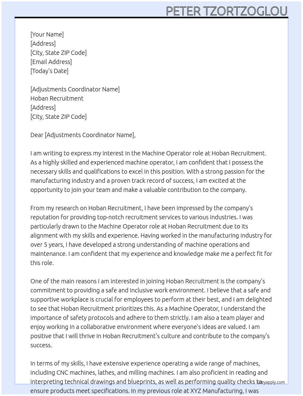 Machine Operator At Hoban Recqrutment  Cover Letter