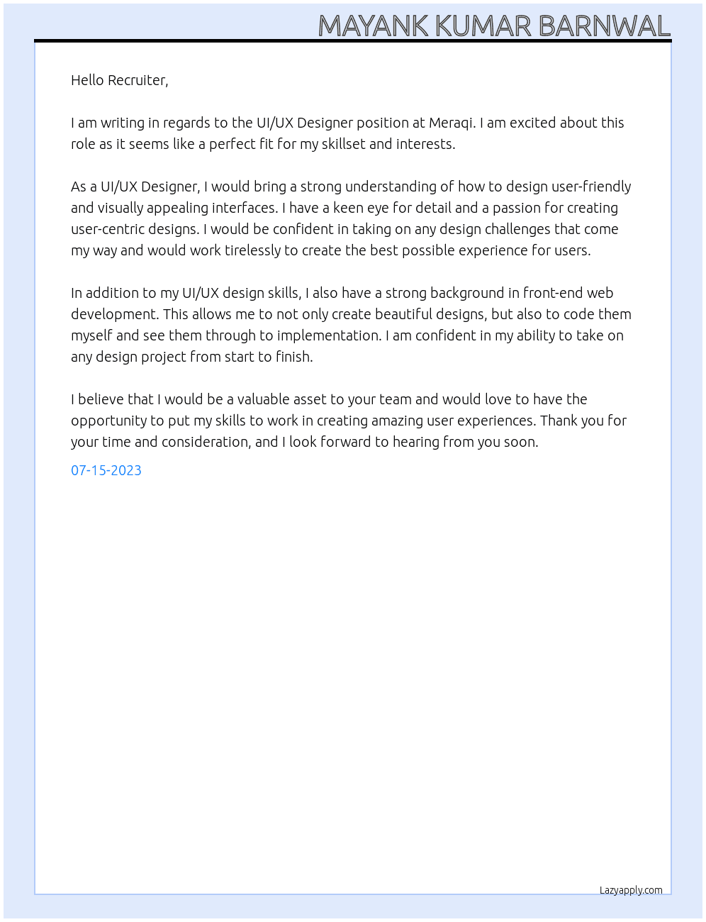 UI/UX Designer At Meraqi Cover Letter
