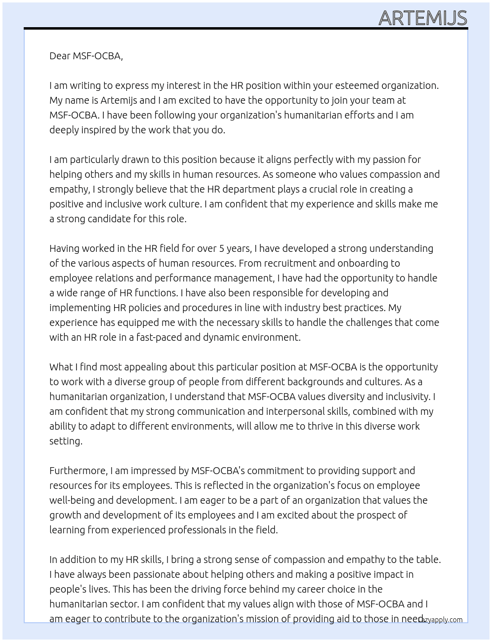 Hr At MSF-OCBA Cover Letter