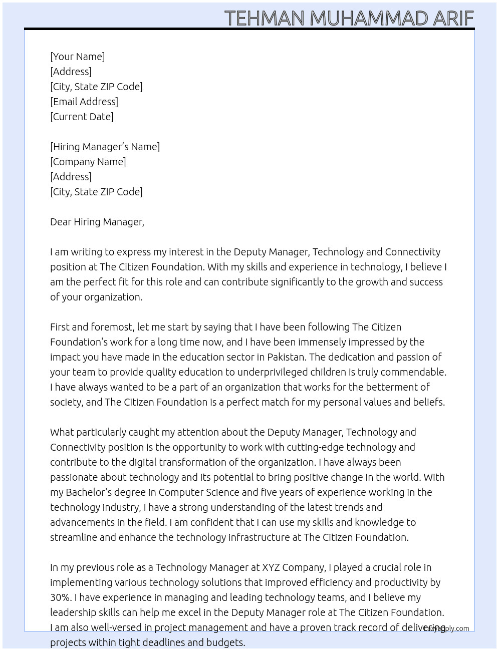 Deputy Manager, Technology and Connectivity At The Citizen Foundation Cover Letter