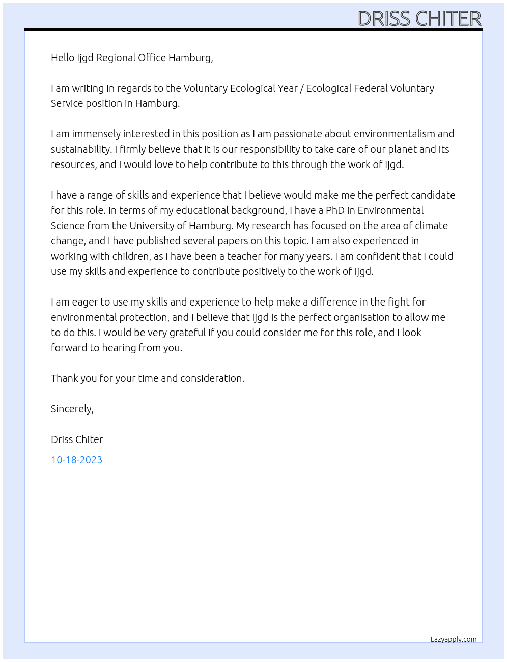 Voluntary Ecological Year / Ecological Federal Voluntary Service in Hamburg At Ijgd Cover Letter