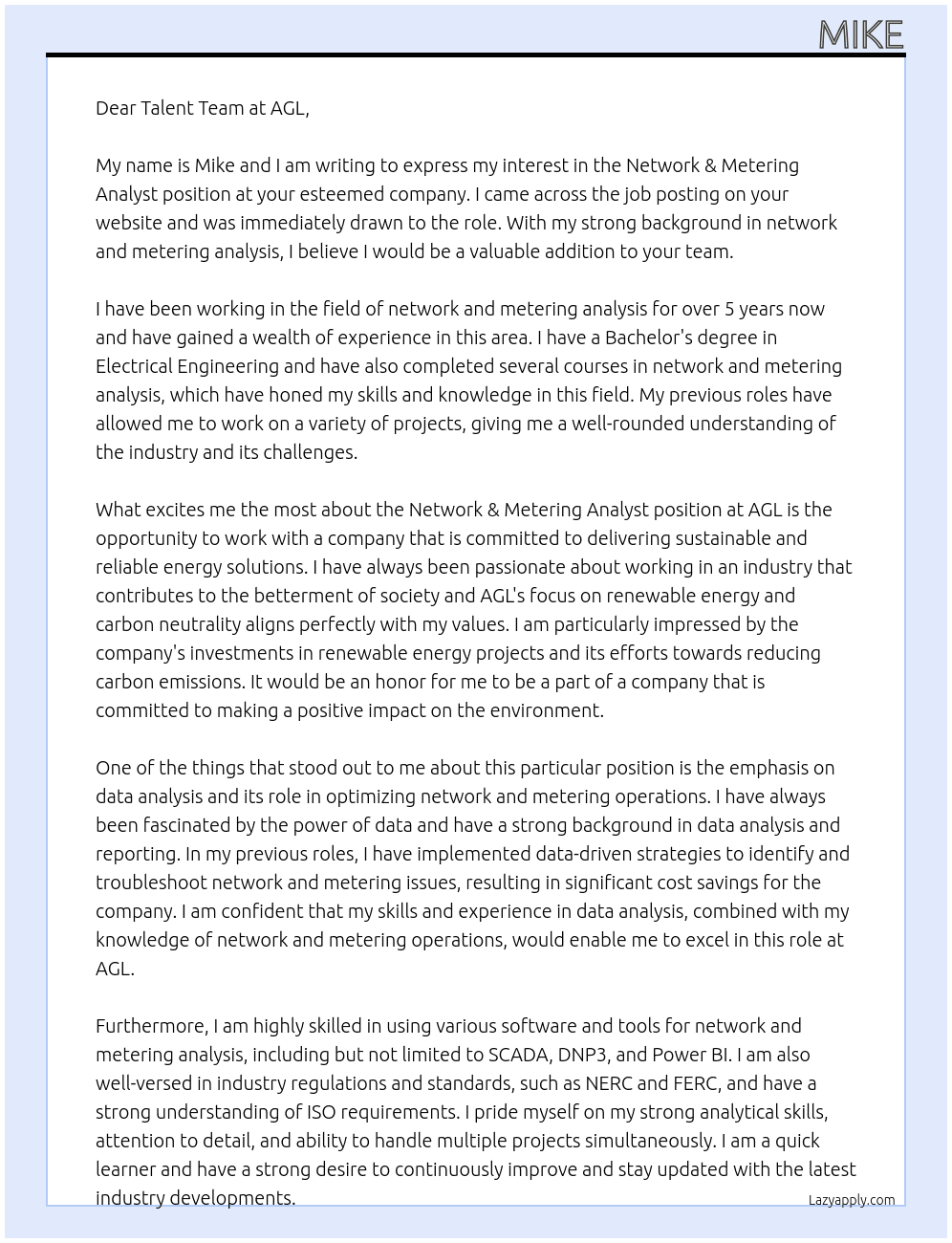 Network & Metering Analyst At AGL Cover Letter