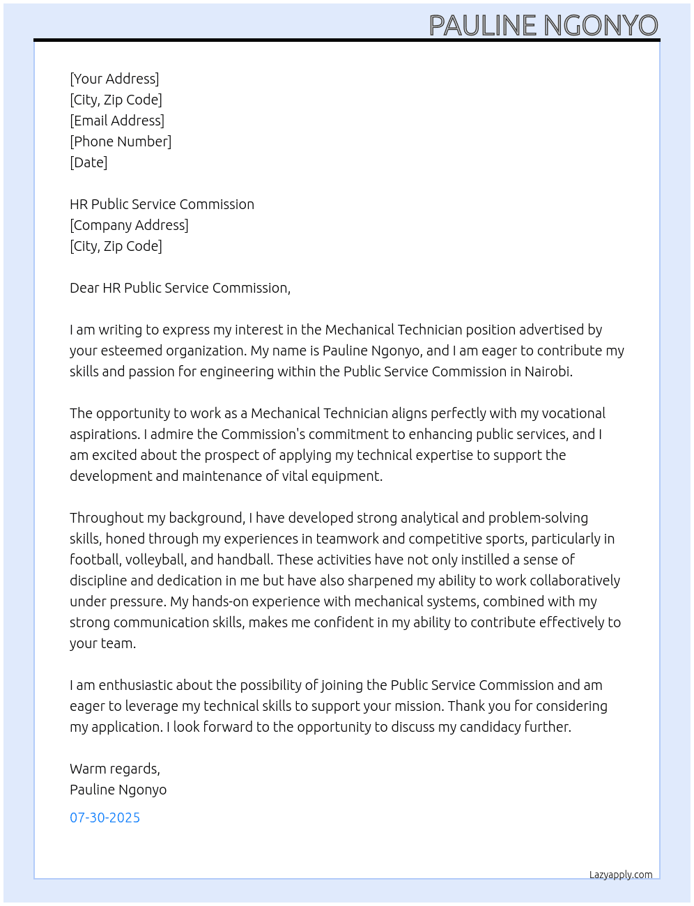 Cover letter for mechanical technitian - LazyApply