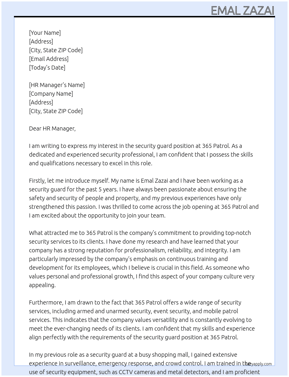 security guard At 365 Patrol Cover Letter