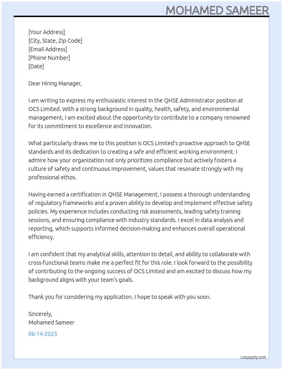 QHSE Administrator At OCS Limited Cover Letter