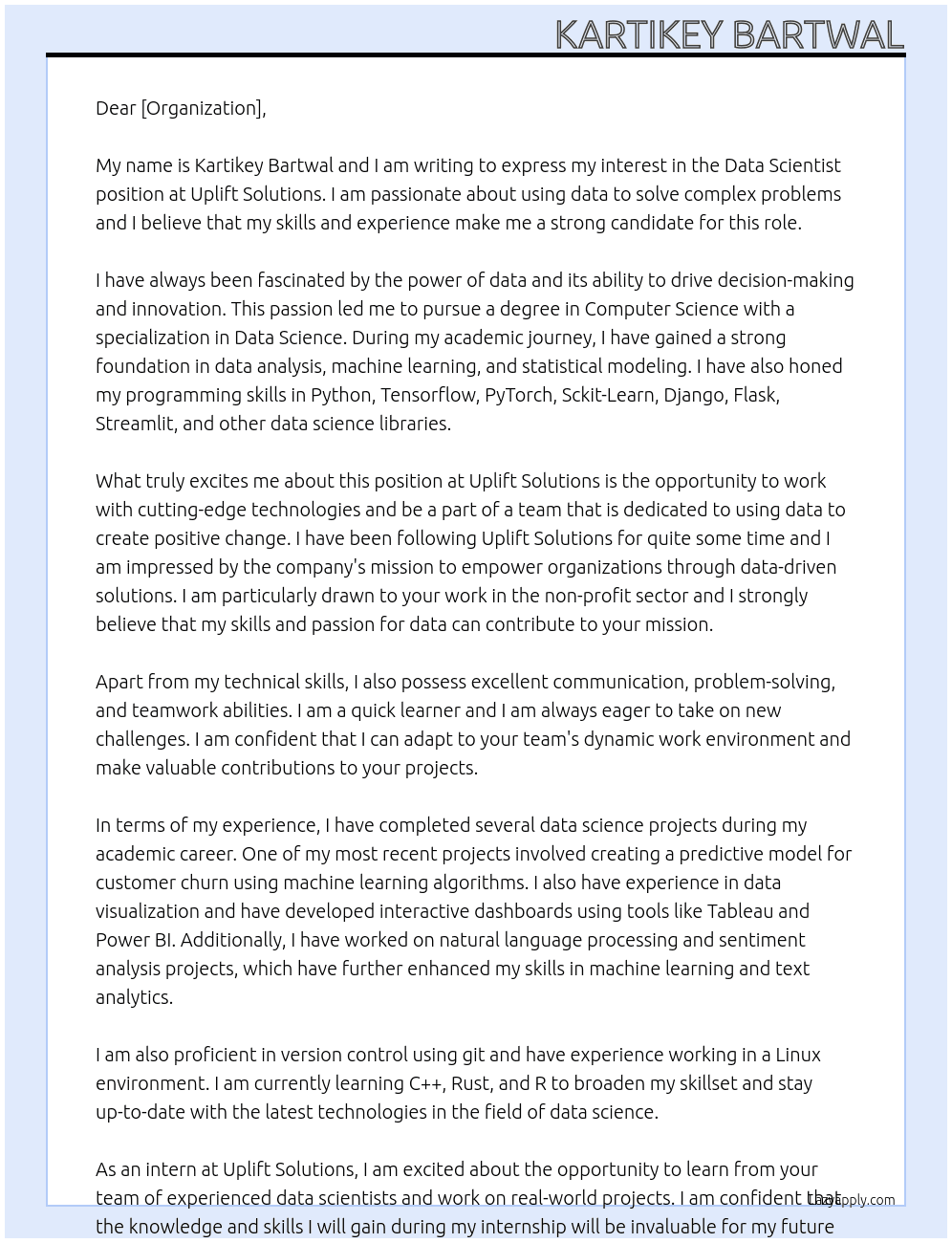 Data Scientist At Uplift Solutions Cover Letter