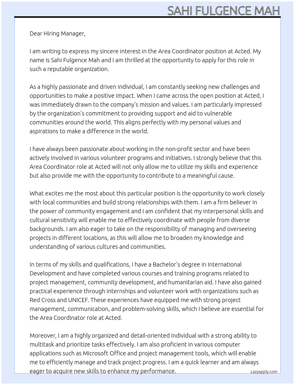 Area Coordinator At Acted Cover Letter