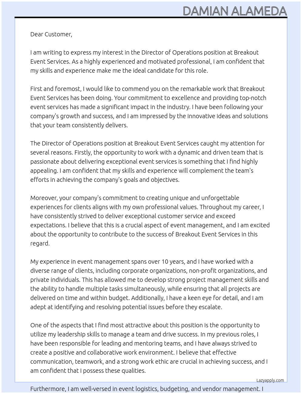 Director or operations At Breakout Event Services Cover Letter
