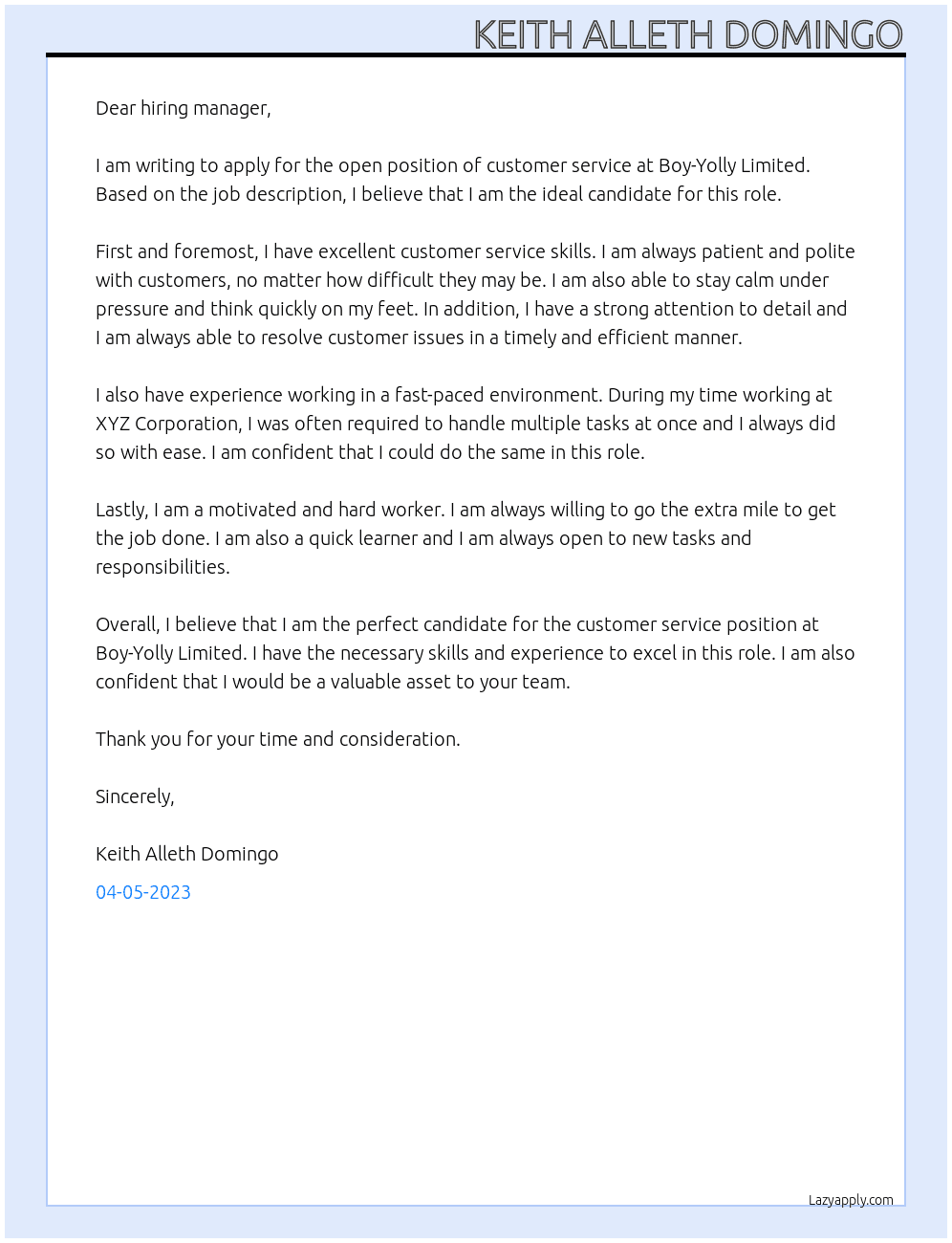 CUSTOMER SERVICE At Boy-Yolly Limited Cover Letter