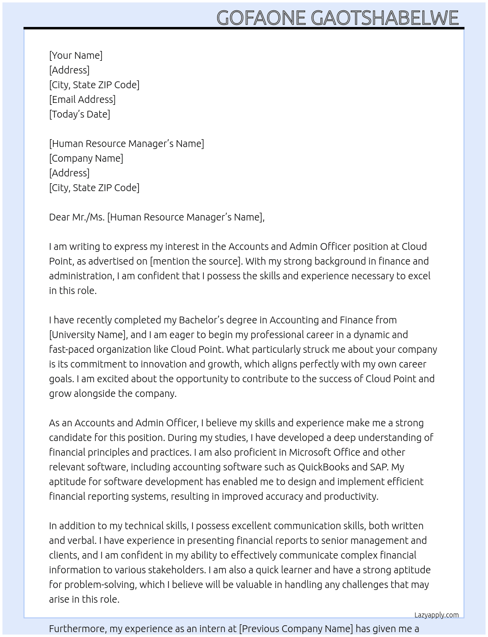 Accounts and admin officer  At Cloud point Cover Letter