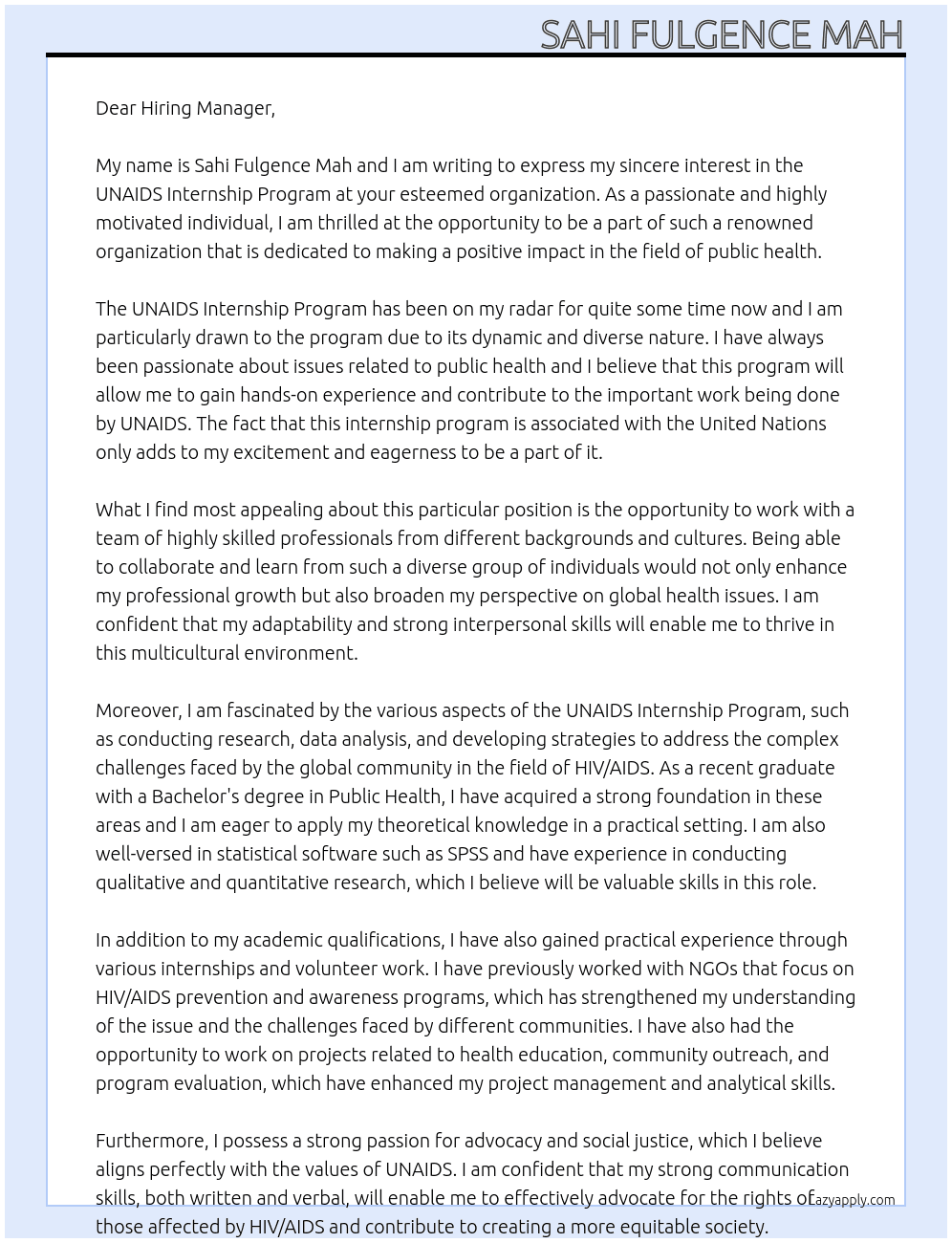UNAIDS Internship Program At UNAIDS Cover Letter