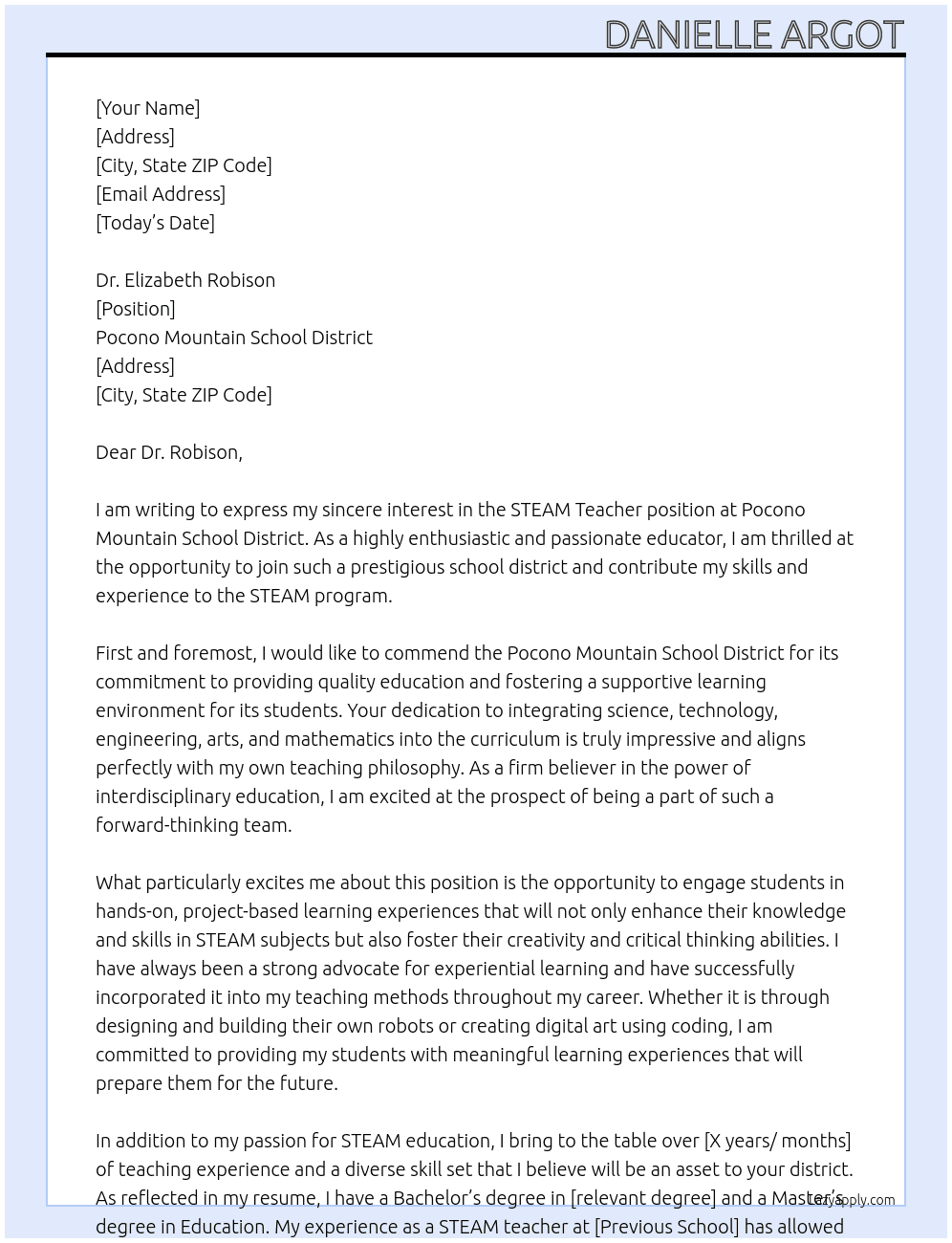 STEAM Teacher At Pocono Mountain School District Cover Letter