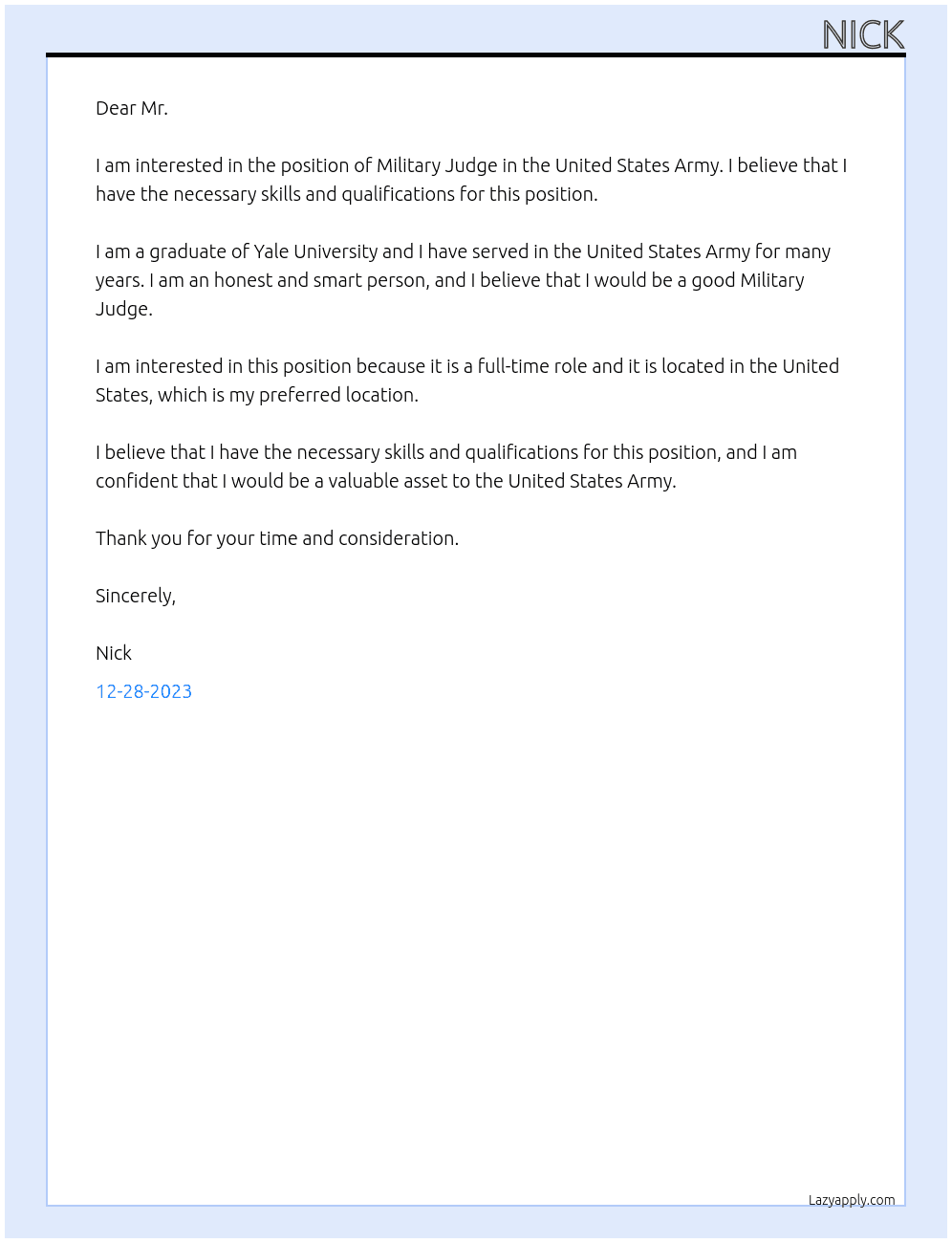 Military Judge At United States Army Cover Letter