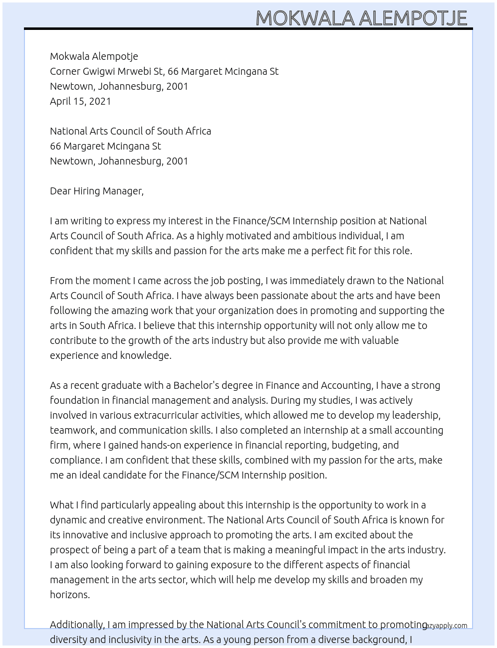 Finance/SCM Internship  At National Arts Council Of South Africa Cover Letter