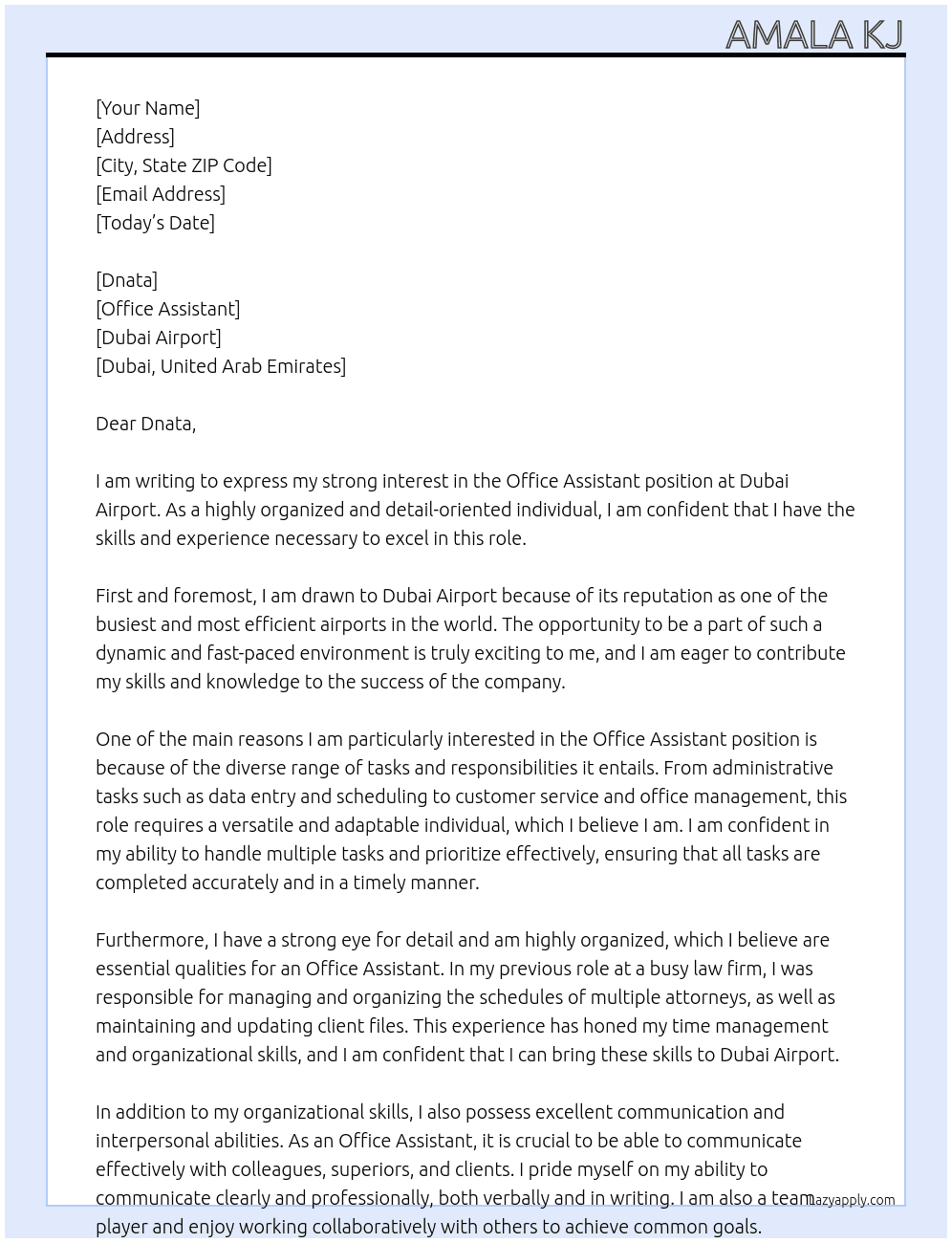 Office Assistant  At Dubai Airport Cover Letter