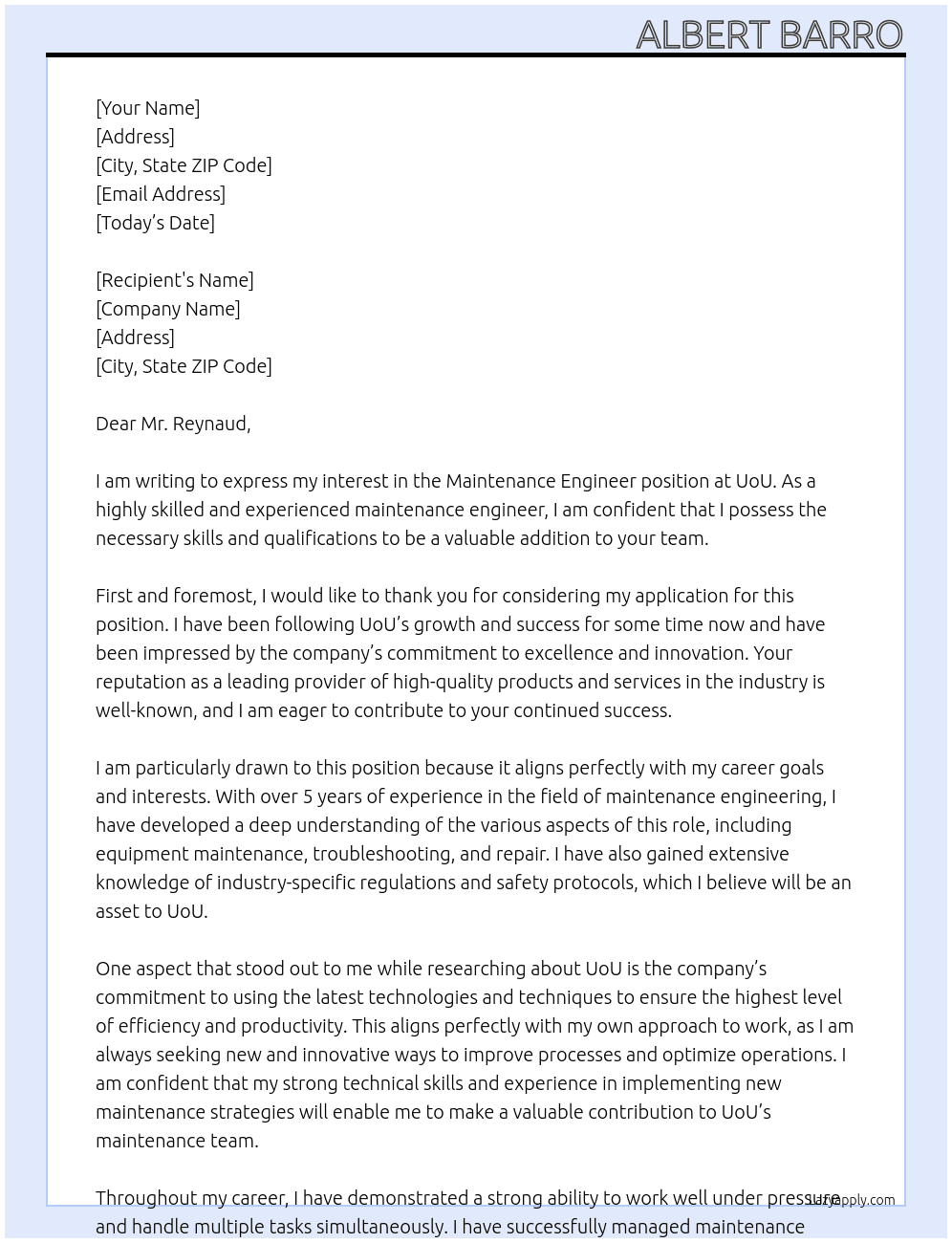 Maintenance engeneer At UoU Cover Letter