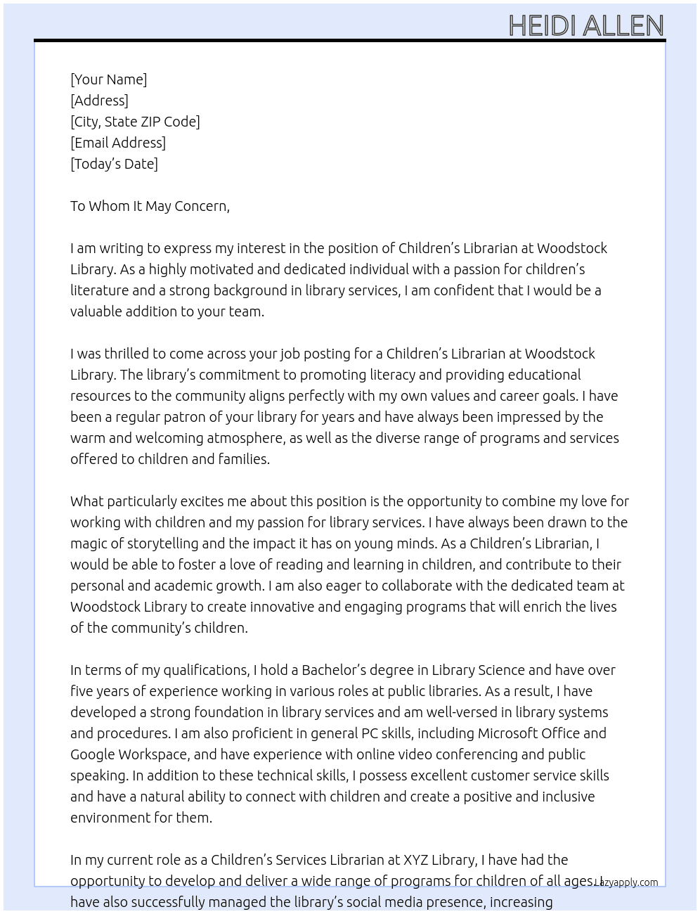 Cover letter for children's librarian - LazyApply