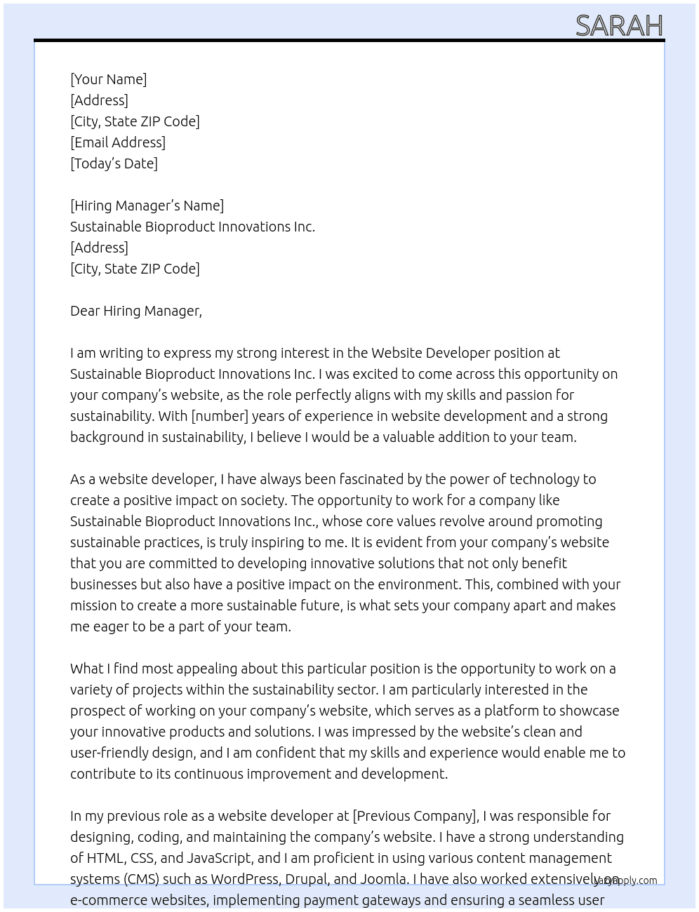 Website Developer At Sustainable Bioproduct Innovations Inc. Cover Letter