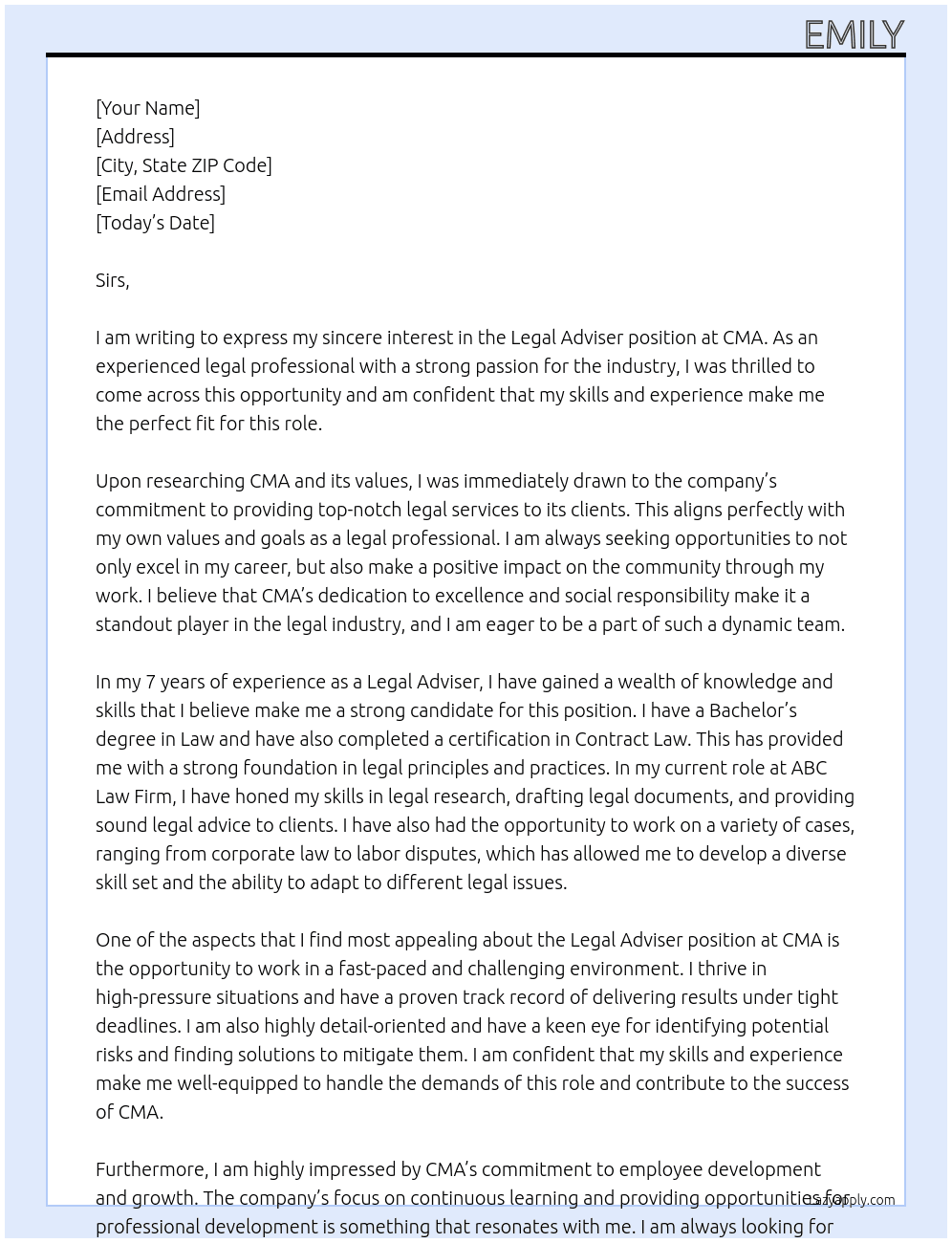 Legal adviser At CMA Cover Letter