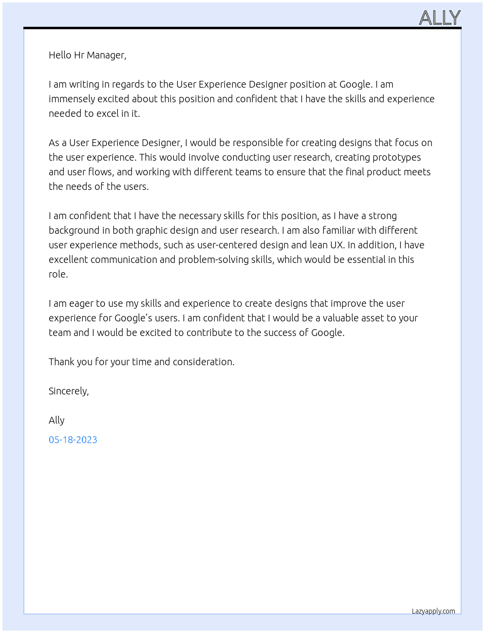 User experience designer At google Cover Letter