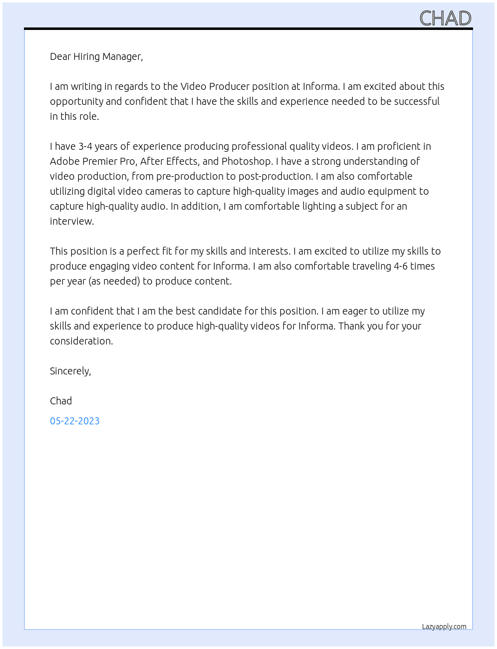 Video Producer At Informa Cover Letter