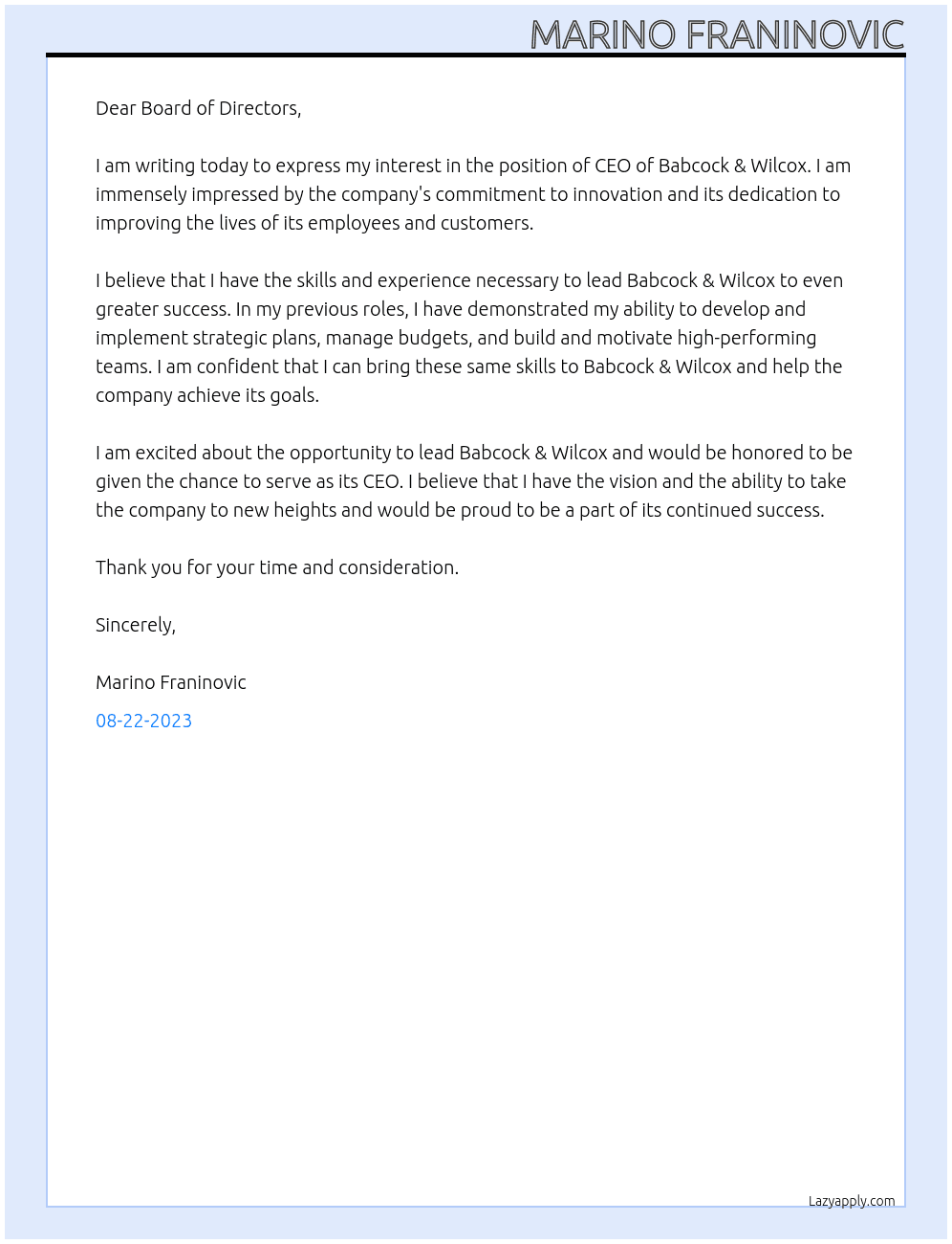 CEO At Babcock & Wilcox Cover Letter