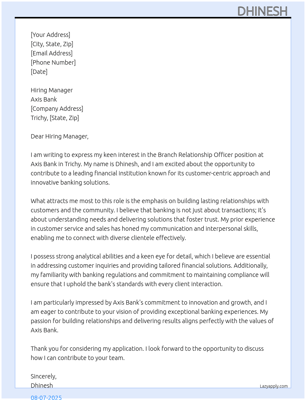 Branch relationship officer  At Axis bank  Cover Letter