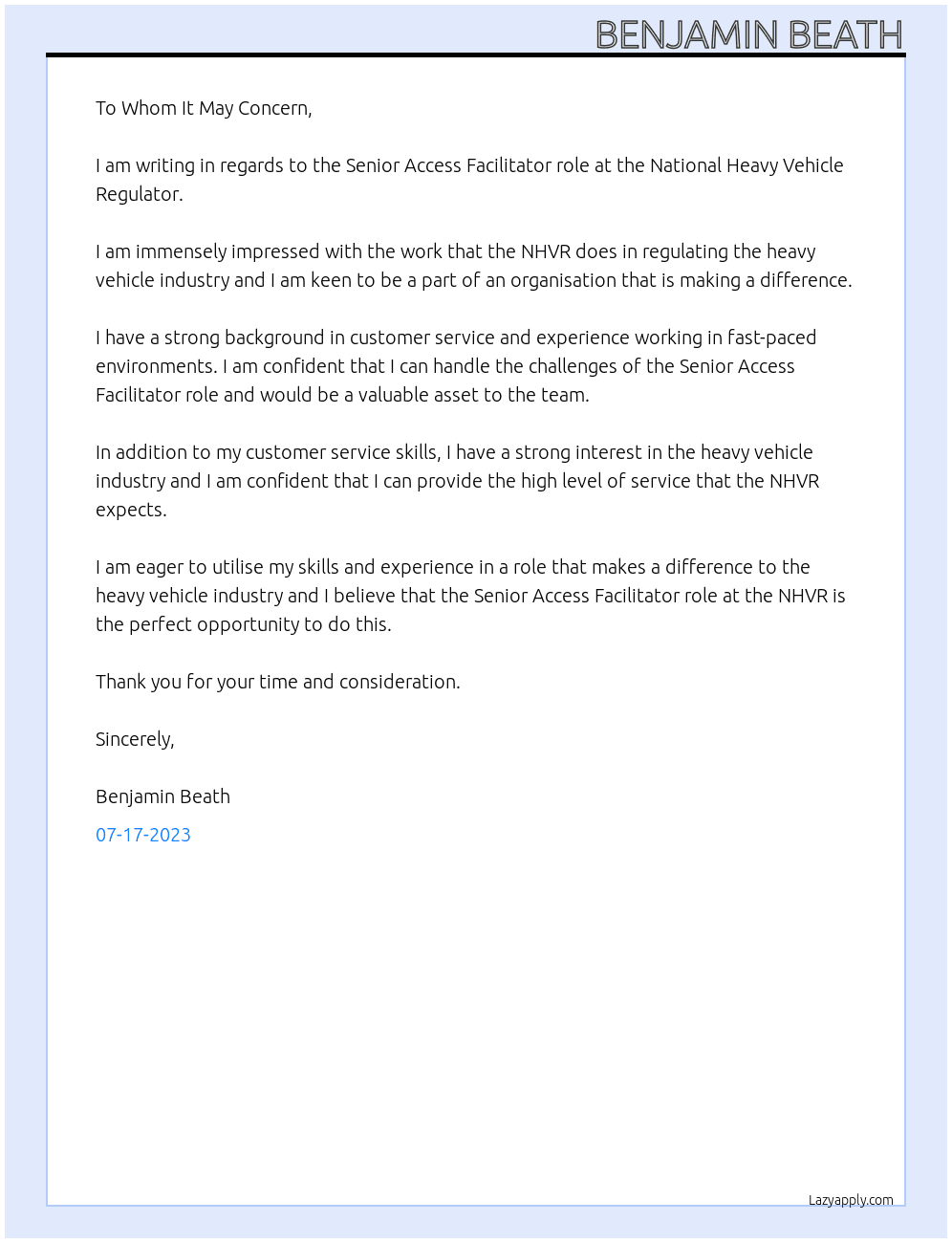 Senior Access Facilitator At National Heavy Vehicle Regulator Cover Letter