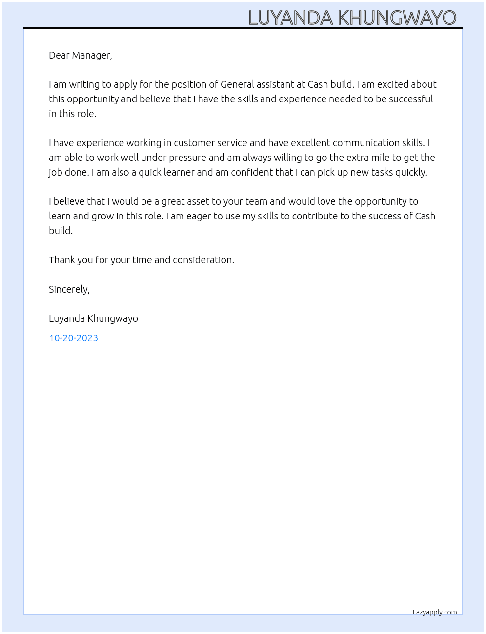 General assistant  At Cash build Cover Letter