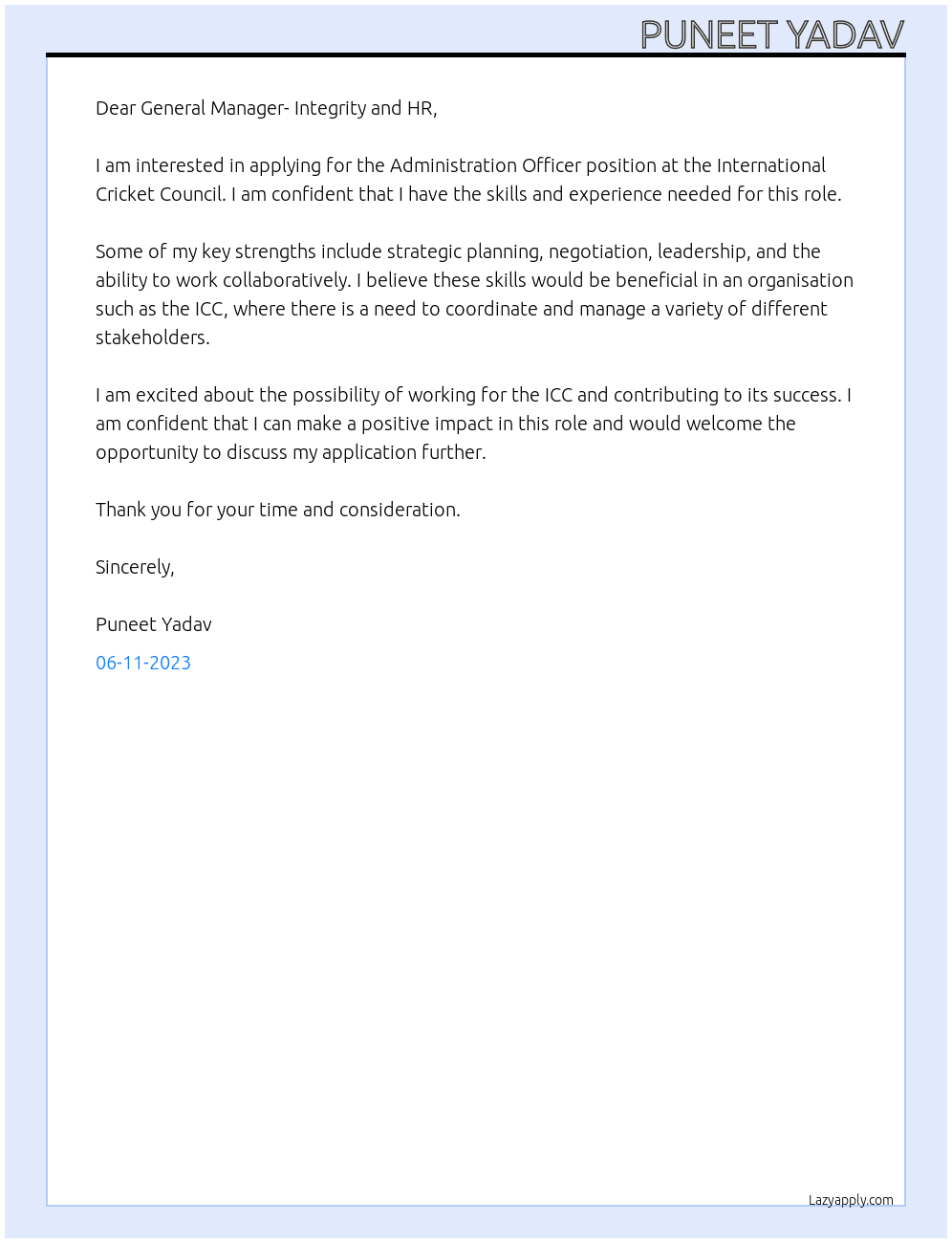 Administration officer At International Cricket Council  Cover Letter