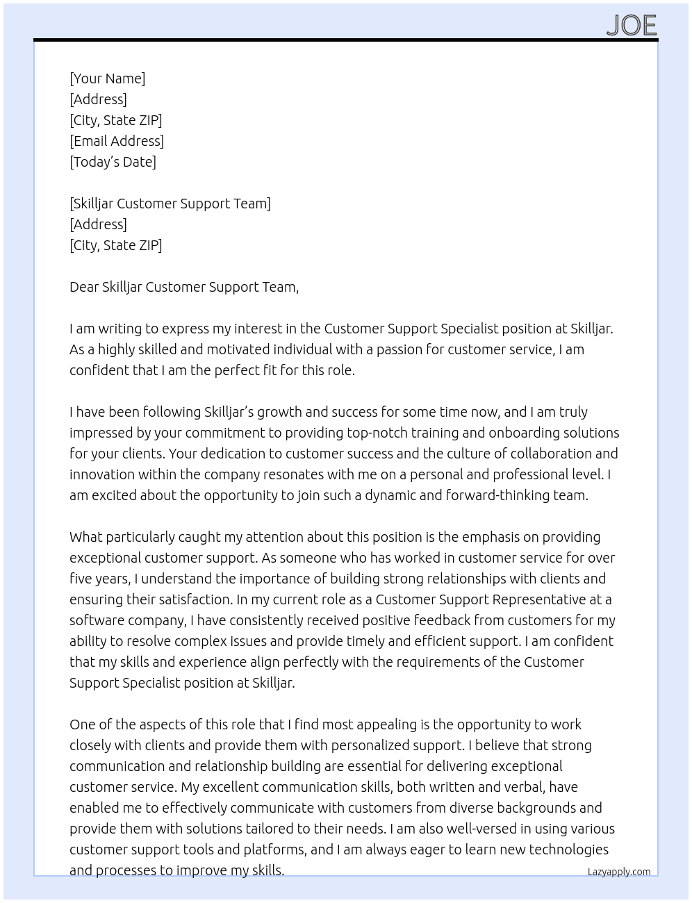 Customer Support Specialist At Skilljar Cover Letter