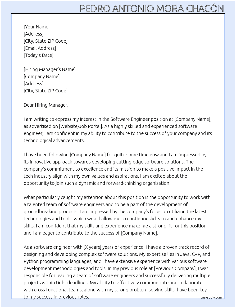 software engineer At Placeholder Cover Letter